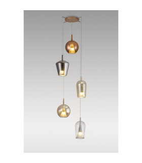 Elsa Pendant With Mixed Shades 5 Light E27 Clear/Chrome/Bronze/Copper Glass With Frosted Inner Cone Gold Frame-2