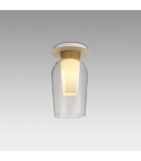 Nora Semi Ceiling 1 Light E27 White/Wood/Clear Glass With Frosted Inner-2
