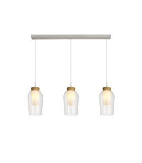 Nora Linear Pendant 3 Light Adjustable E27 White/Wood/Clear Glass With Frosted Inner-1