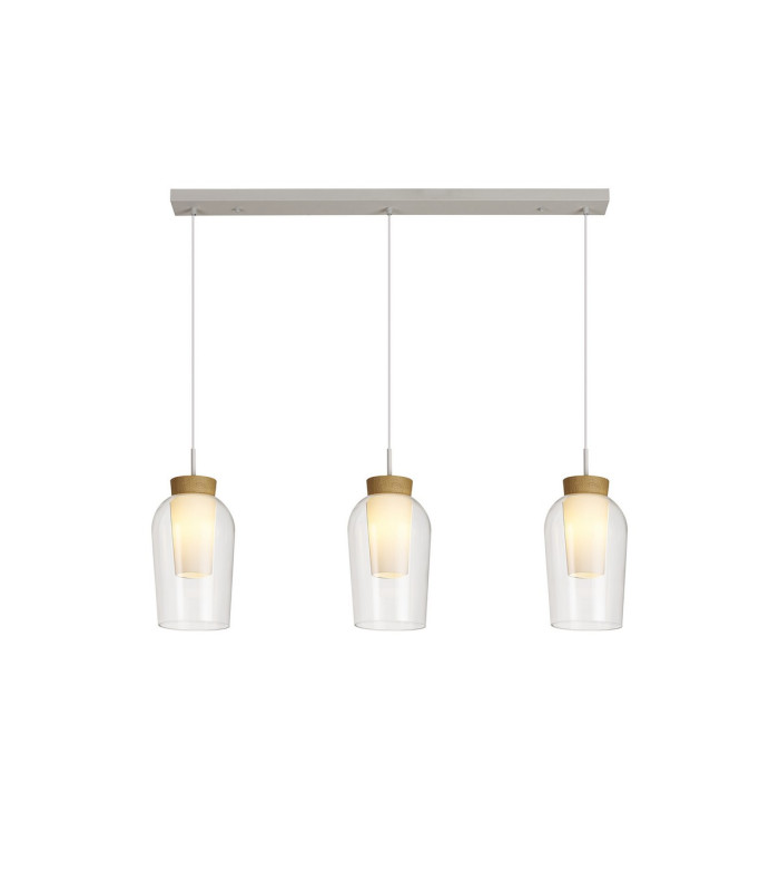 Nora Linear Pendant 3 Light Adjustable E27 White/Wood/Clear Glass With Frosted Inner-1