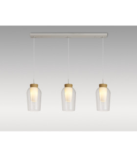 Nora Linear Pendant 3 Light Adjustable E27 White/Wood/Clear Glass With Frosted Inner-2