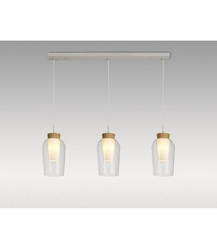 Nora Linear Pendant 3 Light Adjustable E27 White/Wood/Clear Glass With Frosted Inner-2