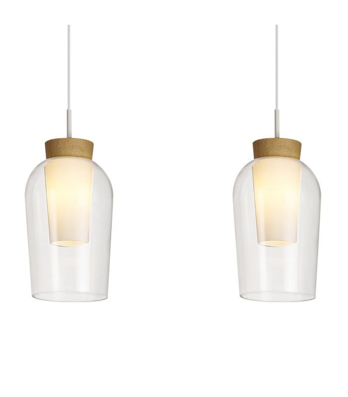 Nora Linear Pendant 3 Light Adjustable E27 White/Wood/Clear Glass With Frosted Inner-5