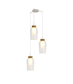 Nora Round Pendant 3 Light Adjustable E27 White/Wood/Clear Glass With Frosted Inner-1