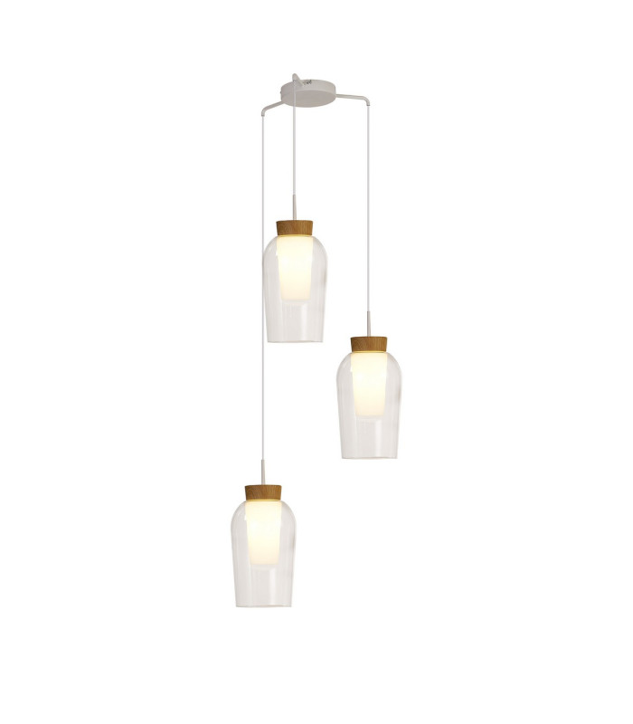 Nora Round Pendant 3 Light Adjustable E27 White/Wood/Clear Glass With Frosted Inner-1