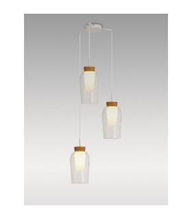 Nora Round Pendant 3 Light Adjustable E27 White/Wood/Clear Glass With Frosted Inner-2
