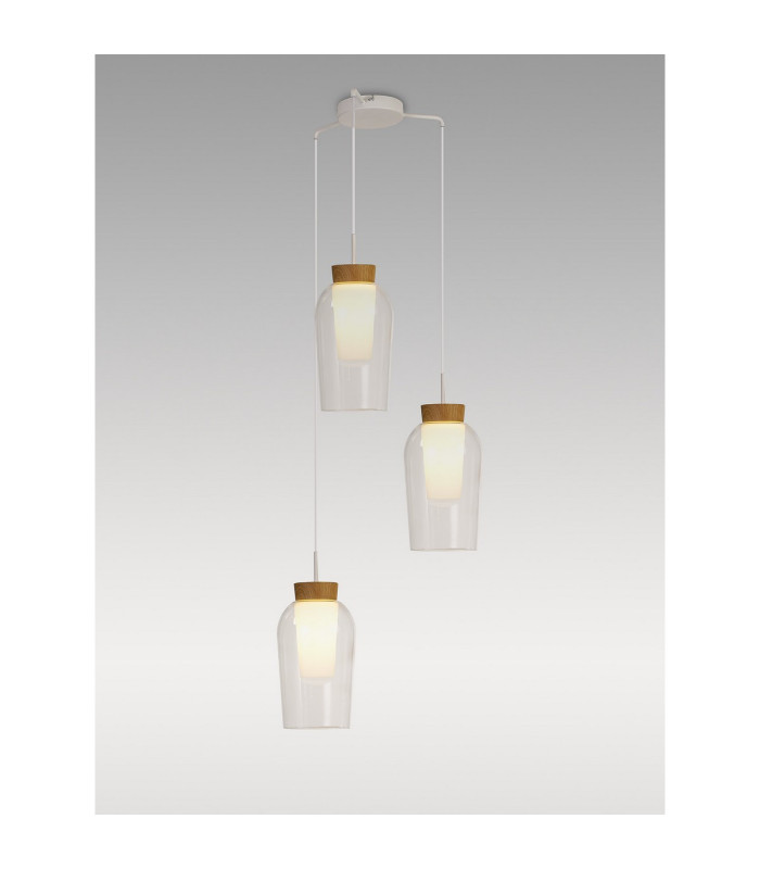 Nora Round Pendant 3 Light Adjustable E27 White/Wood/Clear Glass With Frosted Inner-2