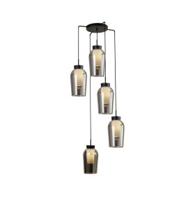 Nora Round Pendant 5 Light Adjustable E27 Black/Black Marble/Chrome Glass With Frosted Inner-1