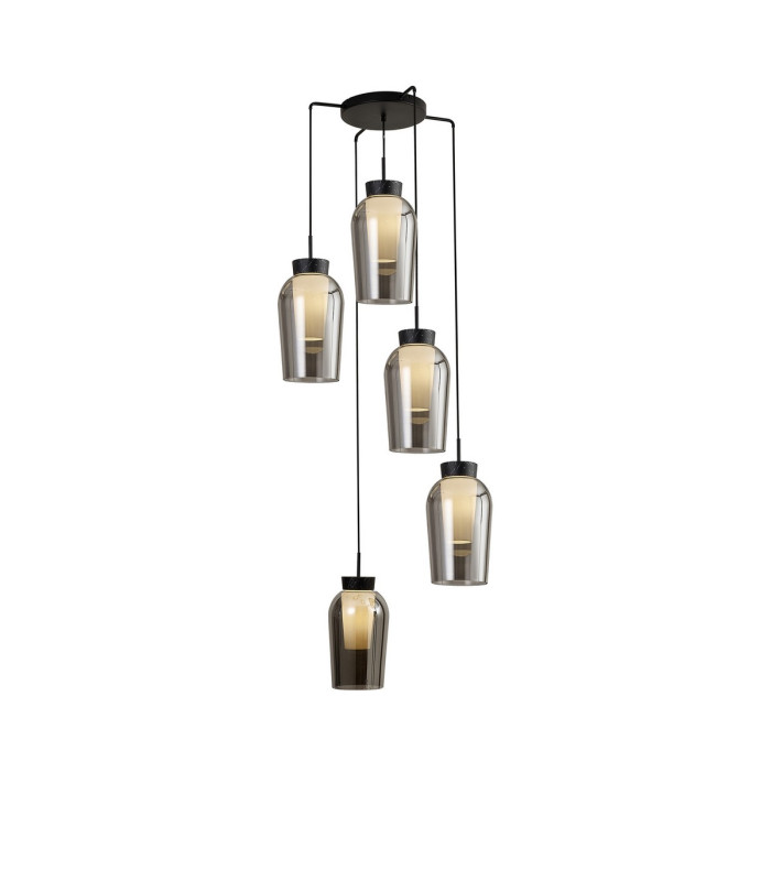 Nora Round Pendant 5 Light Adjustable E27 Black/Black Marble/Chrome Glass With Frosted Inner-1