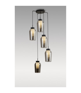 Nora Round Pendant 5 Light Adjustable E27 Black/Black Marble/Chrome Glass With Frosted Inner-2