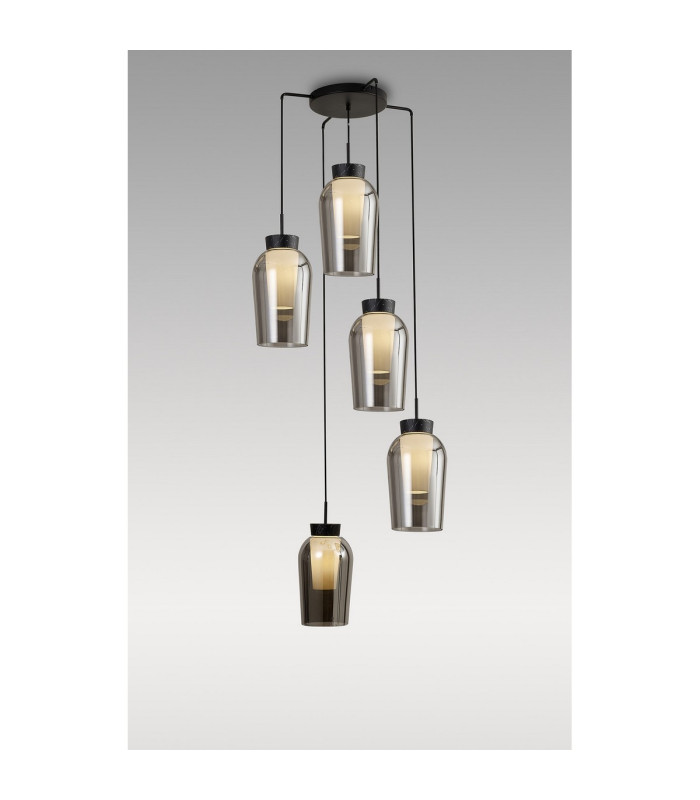 Nora Round Pendant 5 Light Adjustable E27 Black/Black Marble/Chrome Glass With Frosted Inner-2