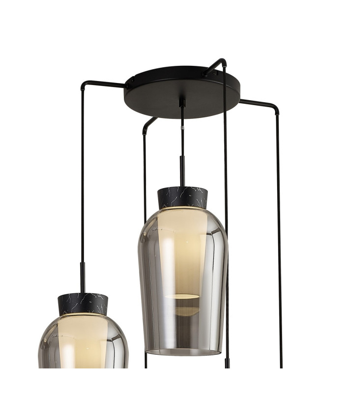 Nora Round Pendant 5 Light Adjustable E27 Black/Black Marble/Chrome Glass With Frosted Inner-4