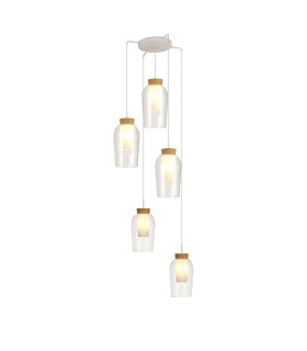Nora Round Pendant 5 Light Adjustable E27 White/Wood/Clear Glass With Frosted Inner-1