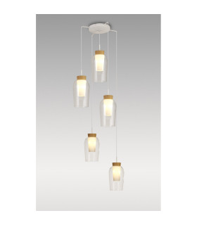Nora Round Pendant 5 Light Adjustable E27 White/Wood/Clear Glass With Frosted Inner-2