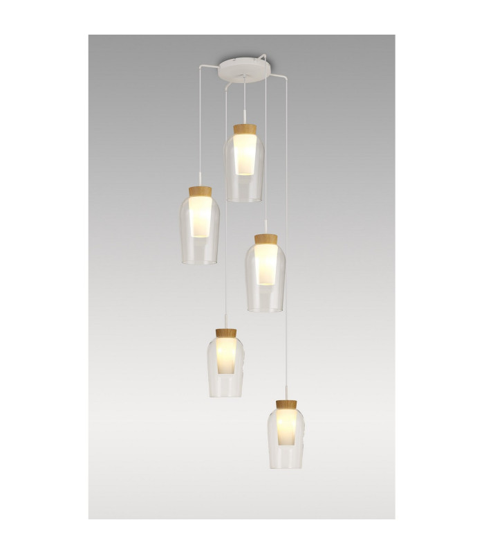 Nora Round Pendant 5 Light Adjustable E27 White/Wood/Clear Glass With Frosted Inner-2