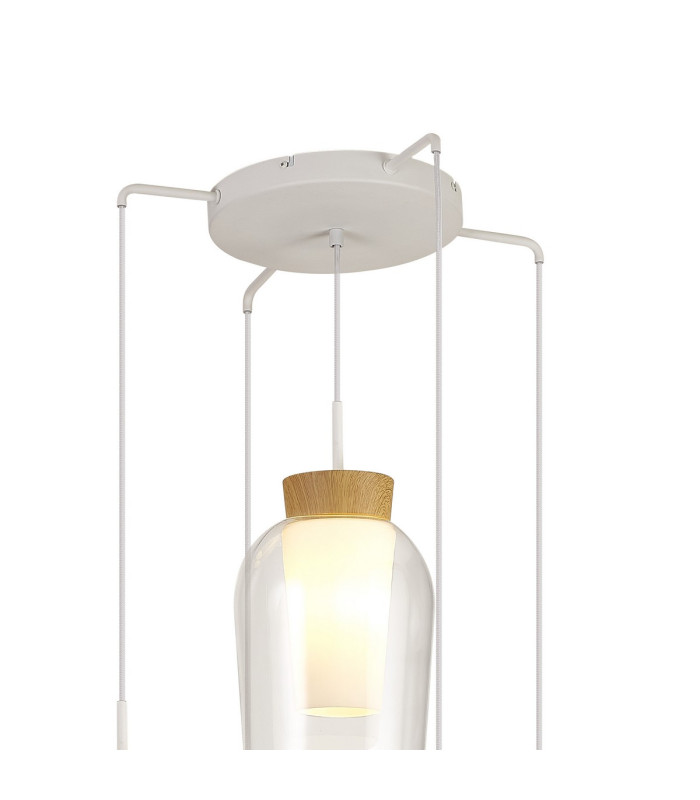 Nora Round Pendant 5 Light Adjustable E27 White/Wood/Clear Glass With Frosted Inner-3