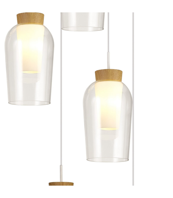 Nora Round Pendant 5 Light Adjustable E27 White/Wood/Clear Glass With Frosted Inner-4