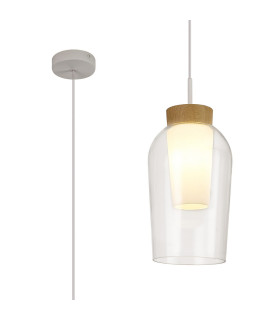 Nora Single Pendant 1 Light Adjustable E27 White/Wood/Clear Glass With Frosted Inner-1