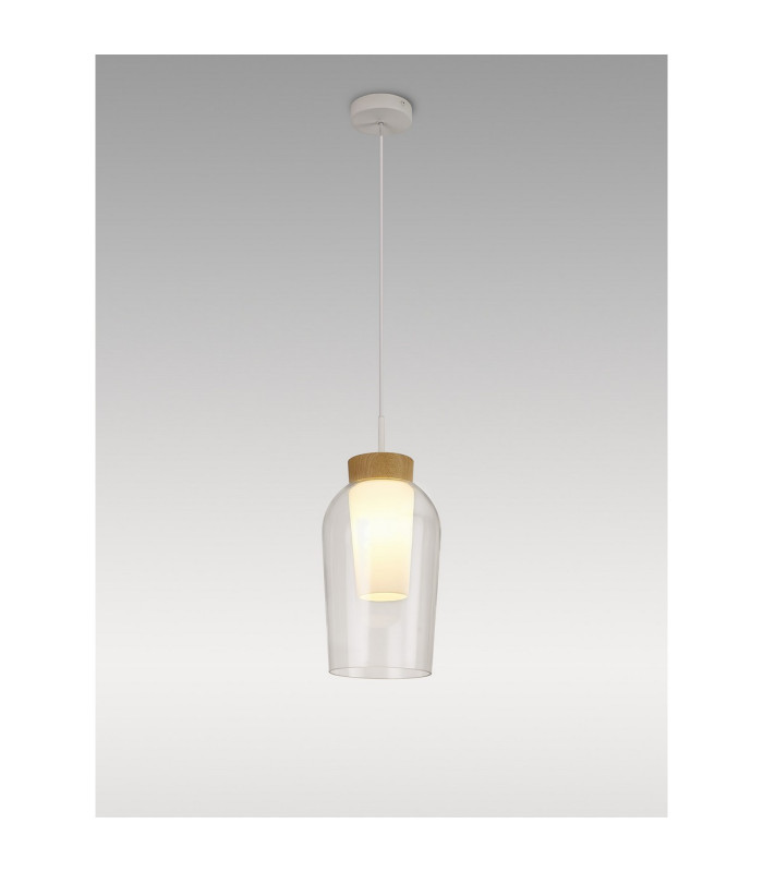 Nora Single Pendant 1 Light Adjustable E27 White/Wood/Clear Glass With Frosted Inner-2