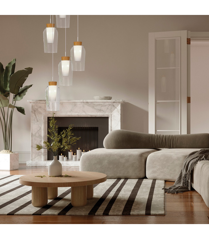 Nora Single Pendant 1 Light Adjustable E27 White/Wood/Clear Glass With Frosted Inner-3