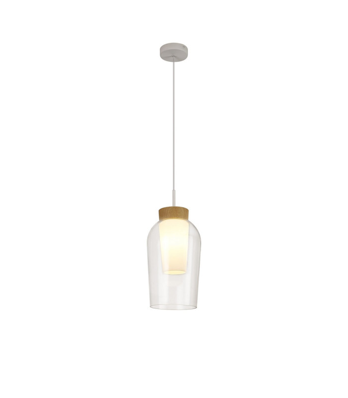 Nora Single Pendant 1 Light Adjustable E27 White/Wood/Clear Glass With Frosted Inner-6