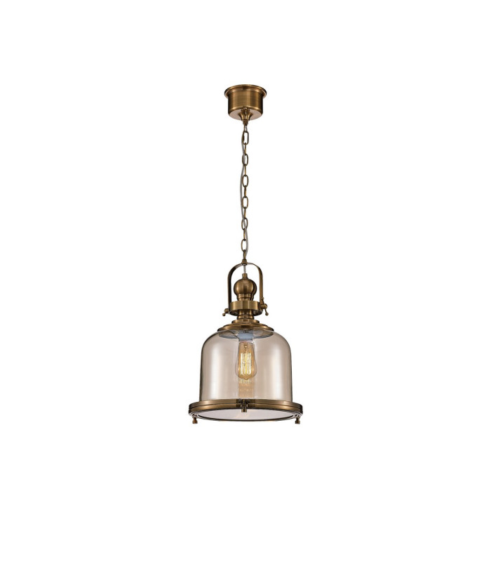 Vintage 33cm Bell Pendant 1 Light E27 Antique Brass/Amber Glass-1