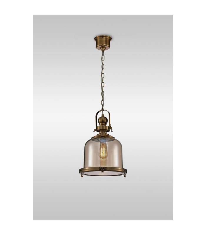 Vintage 33cm Bell Pendant 1 Light E27 Antique Brass/Amber Glass-2