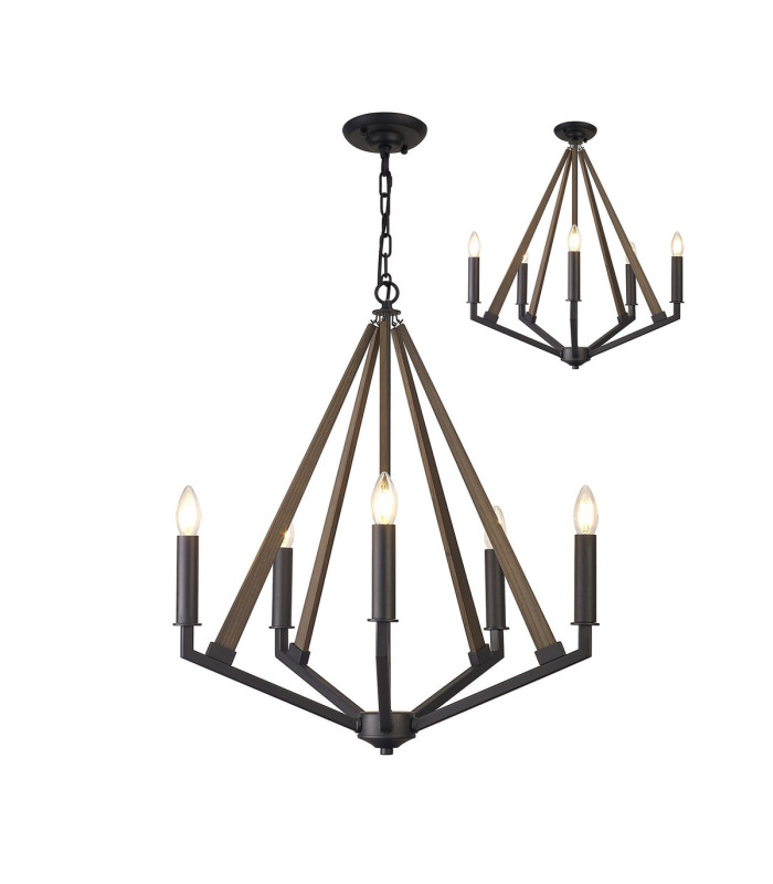 Hilton Pentagonal Pendant 5 Light E14 Satin Black/Dark Grey Wood-1