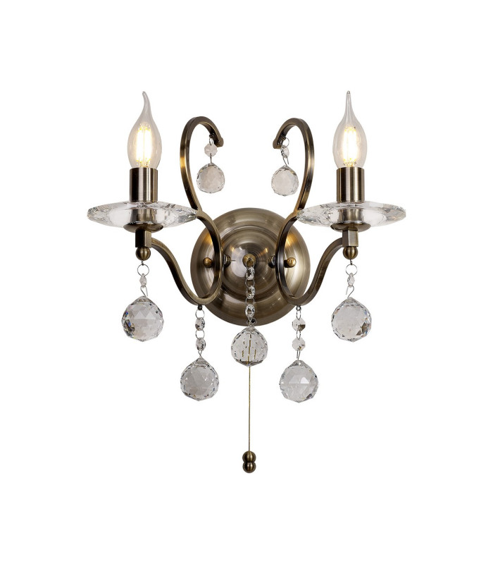 Zinta Wall Lamp Switched 2 Light E14 Switched Antique Brass/Crystal-1