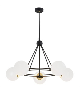 Amalfi Globe Pendant Ceiling 5 Light Opal Matt Black Structure Brass Elements-1