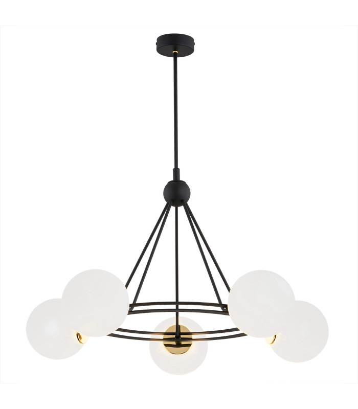 Amalfi Globe Pendant Ceiling 5 Light Opal Matt Black Structure Brass Elements-1