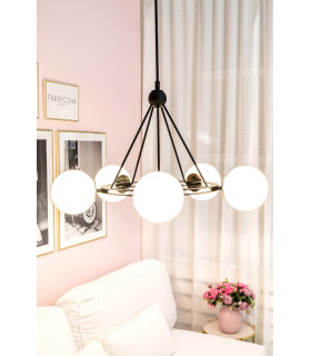 Amalfi Globe Pendant Ceiling 5 Light Opal Matt Black Structure Brass Elements-2