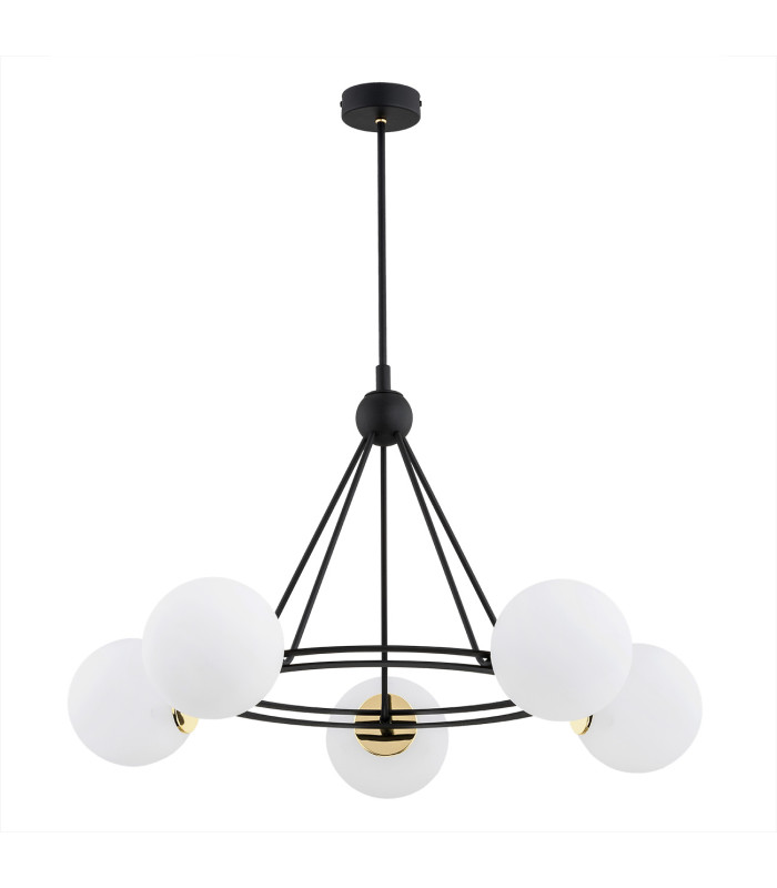 Amalfi Globe Pendant Ceiling 5 Light Opal Matt Black Structure Brass Elements-3