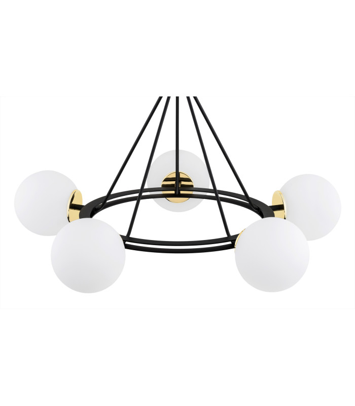 Amalfi Globe Pendant Ceiling 5 Light Opal Matt Black Structure Brass Elements-4