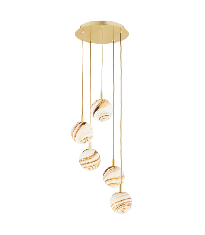 Aruba Cluster Pendant Ceiling 5 Light White-Brown (Marble Colour) Brushed Brass-1