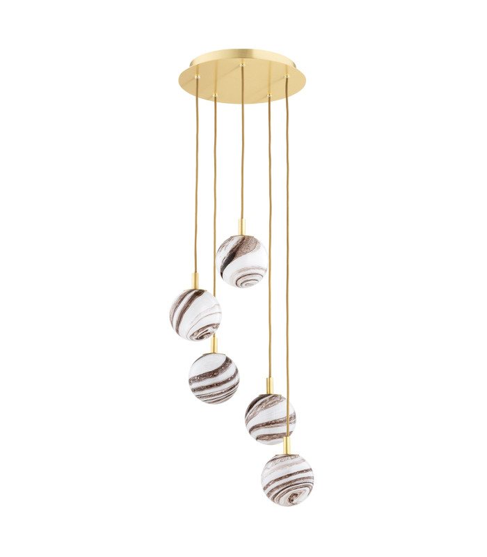 Aruba Cluster Pendant Ceiling 5 Light White-Brown (Marble Colour) Brushed Brass-2