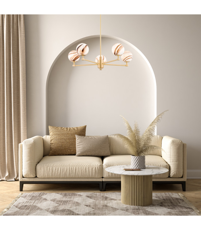 Aruba Multi Arm Pendant Ceiling 5 Light White-Brown (Marble Colour) Brushed Brass-3