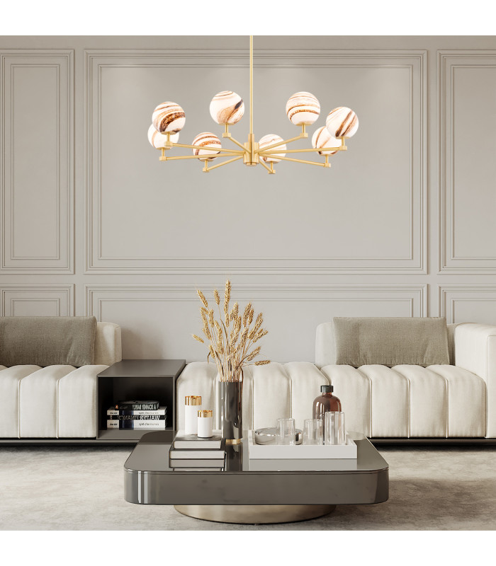 Aruba Multi Arm Pendant Ceiling 8 Light White-Brown (Marble Colour) Brushed Brass-3