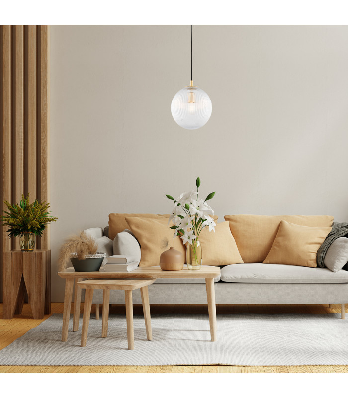 Paloma 25cm Globe Pendant Ceiling Light Transparent (Fluted) Brushed Brass-3