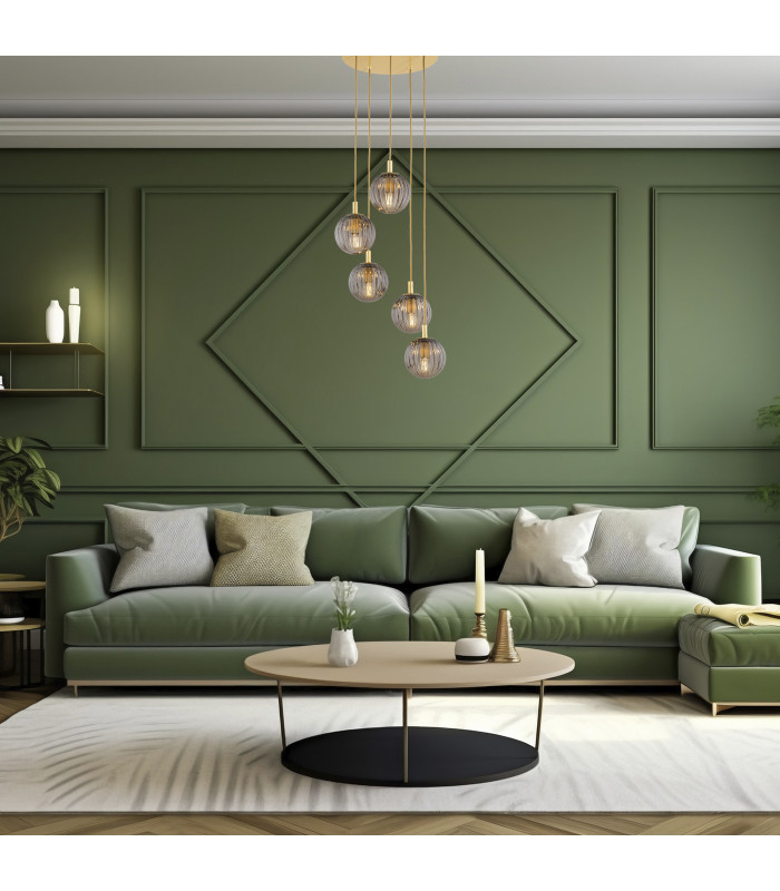 Paloma Cluster Pendant Ceiling 5 Light Smoky (Fluted) Brushed Brass-3