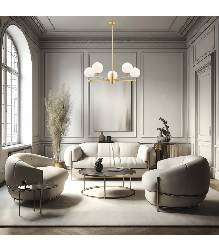 Paloma Multi Arm Pendant Ceiling 5 Light Opal Matt (Fluted) Brushed Brass-3