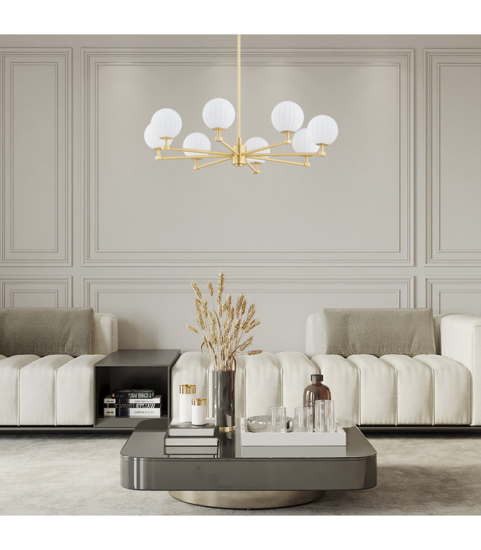 Paloma Multi Arm Pendant Ceiling 5 Light Opal Matt (Fluted) Brushed Brass-9