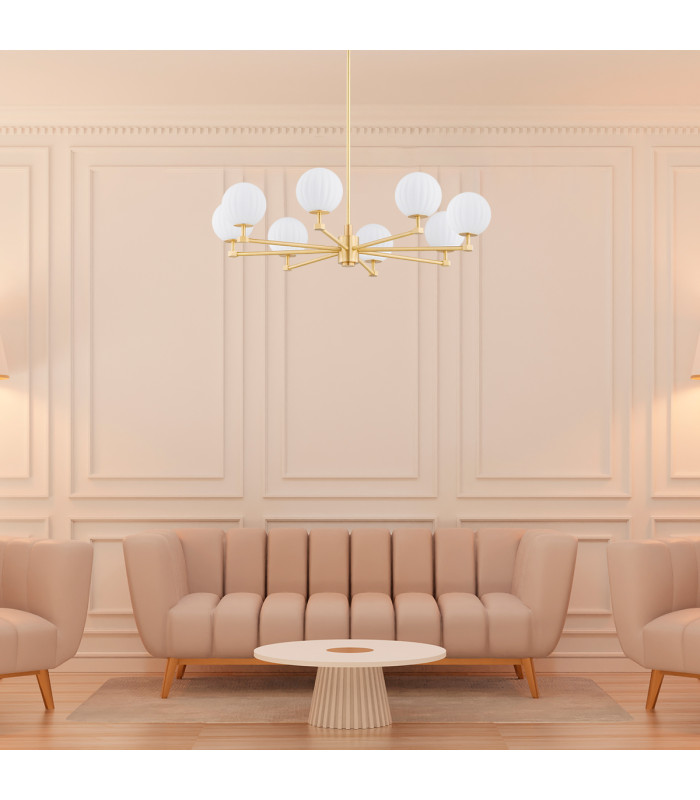 Paloma Multi Arm Pendant Ceiling 8 Light Opal Matt (Fluted) Brushed Brass-9
