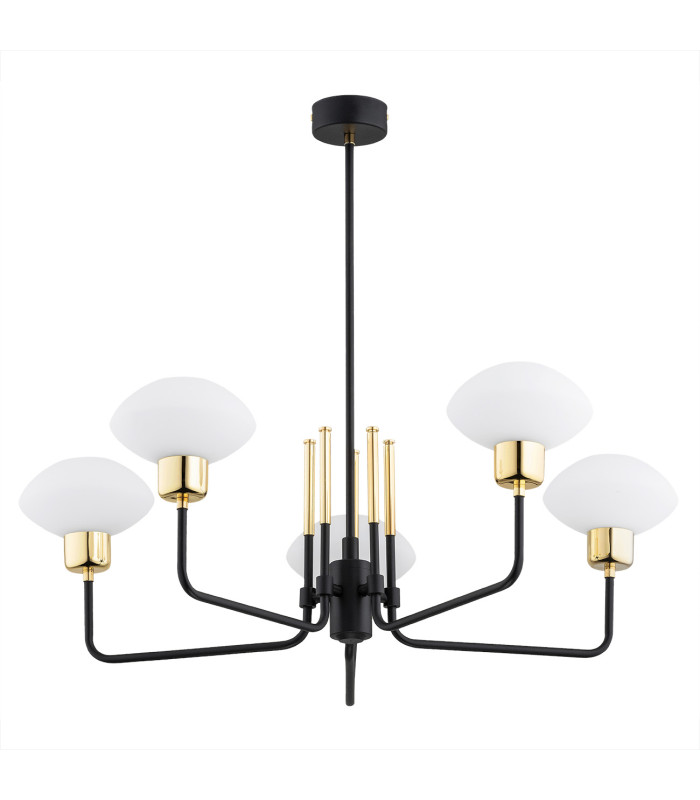 Ravello Multi Arm Pendant Ceiling 5 Light Opal Matt Black Structure Brass Elements-2