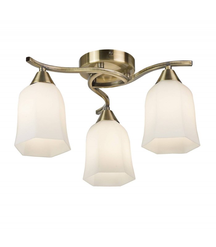 3 Light Semi Flush Multi Arm Ceiling Light Antique Brass, Opal Glass, E14 - 1