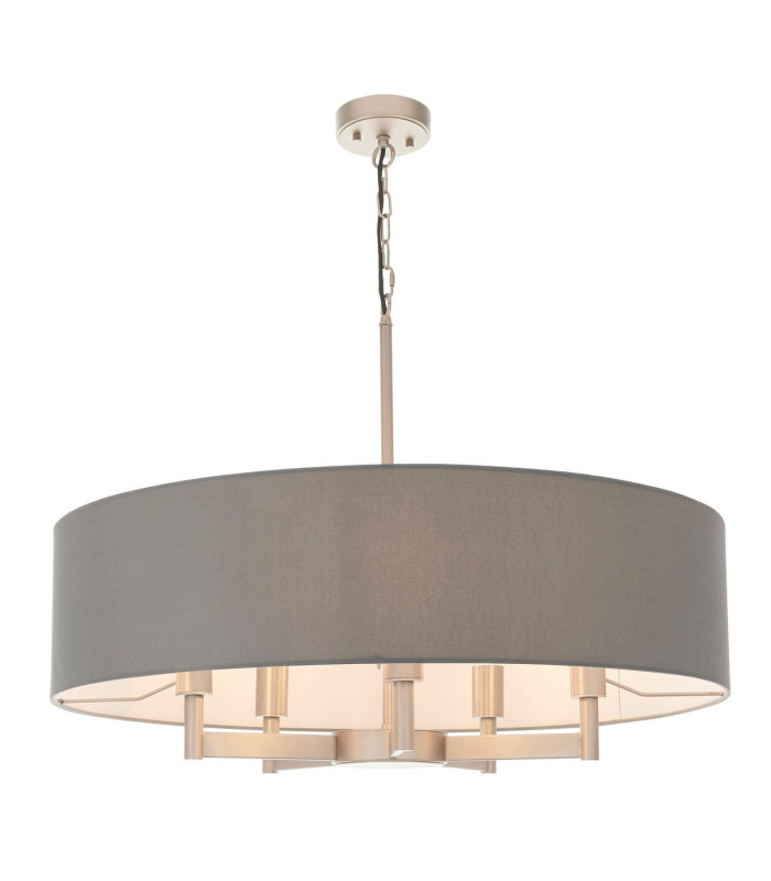 Grande Cylindrical Pendant Ceiling Light Matt Nickel Plate Grey Fabric 5x E27-1