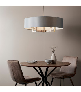 Grande Cylindrical Pendant Ceiling Light Matt Nickel Plate Grey Fabric 5x E27-2