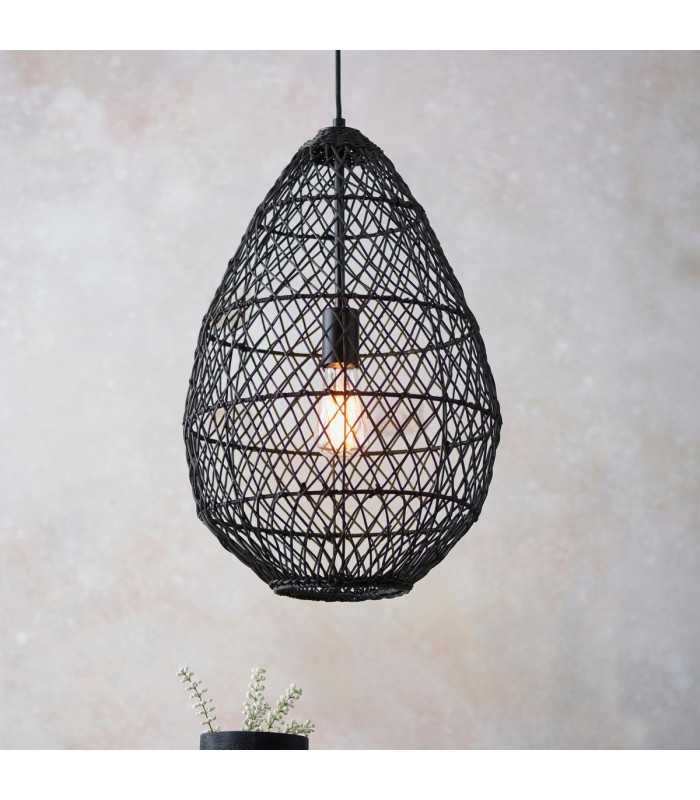 Pimva Wire Frame Pendant Ceiling Light Black Rattan, Matt Black, 1x E27