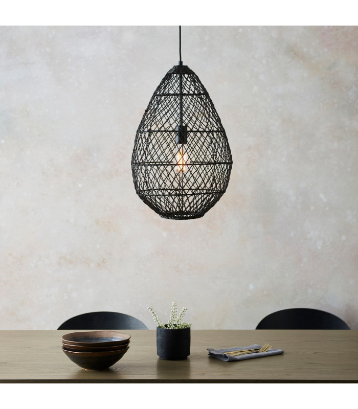 Pimva Wire Frame Pendant Ceiling Light Black Rattan, Matt Black, 1x E27