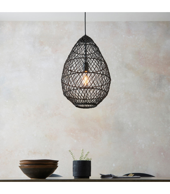 Pimva Wire Frame Pendant Ceiling Light Black Rattan, Matt Black, 1x E27